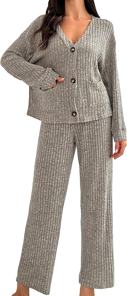 MakeMeChic Women's Lounge Set 2 Piece Ribbed Pajamas Set V Neck Button Down Top Pants Sleepwear | Amazon (US)
