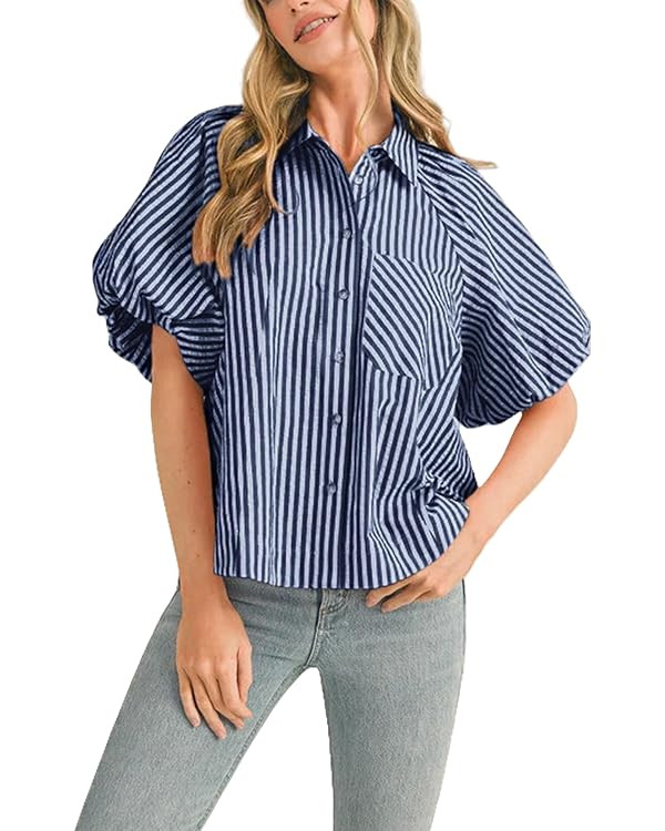 Women's Striped Button Down Shirt Puff Sleeve Collared V Neck Loose Casual Dressy Blouse Top | Amazon (US)