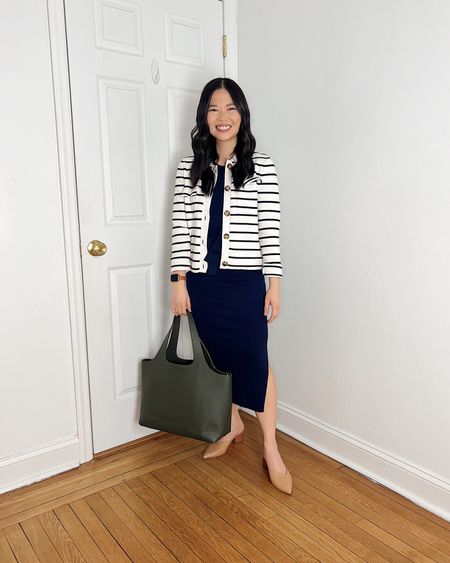 Striped cardigan (XS)
Navy dress  (XSP)
Olive green tote bag 
Cuyana system tote
Tan pumps  (1/2 size up)
Tan mule pumps
Business casual outfit 
Smart casual outfit 
Neutral work outfit 
Spring work outfit 
Spring outfit 
LOFT outfit

#LTKworkwear #LTKfindsunder100 #LTKSeasonal