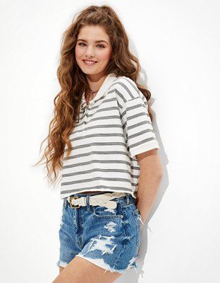AE Cropped Striped Polo Shirt | American Eagle Outfitters (US & CA)