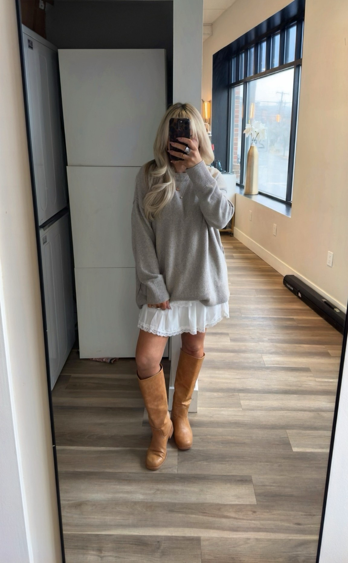 Oversized sweater size medium 
White skirt size medium 
Boots size 7

#LTKWorkwear #LTKootd #LTKSpringSale