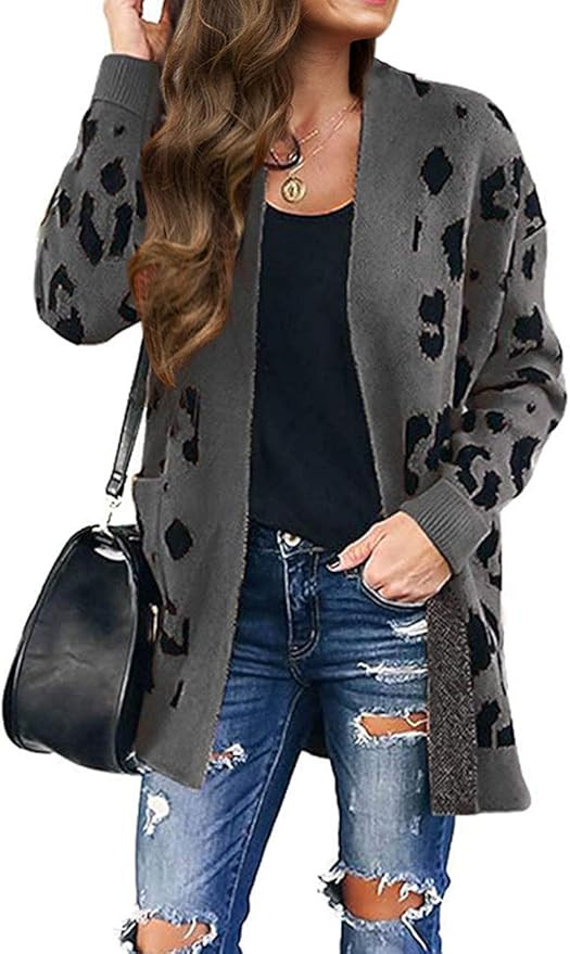 ZESICA Women's Long Sleeves Open Front Leopard Print Knitted Sweater Cardigan Coat Outwear with P... | Amazon (US)