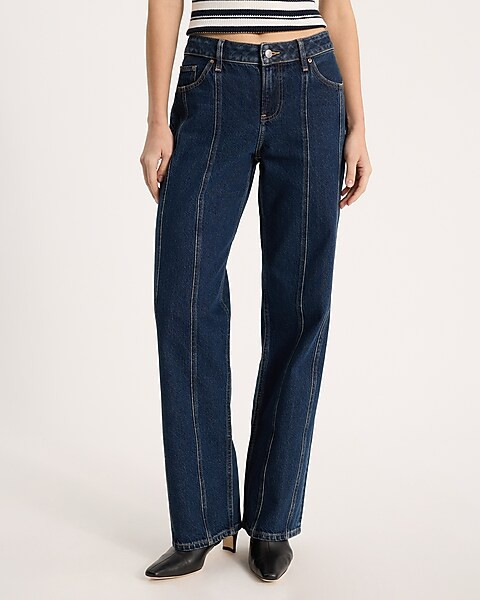 Low Rise Dark Wash Center Seam 50/50 Rigid Stretch Relaxed Straight Jeans | Express