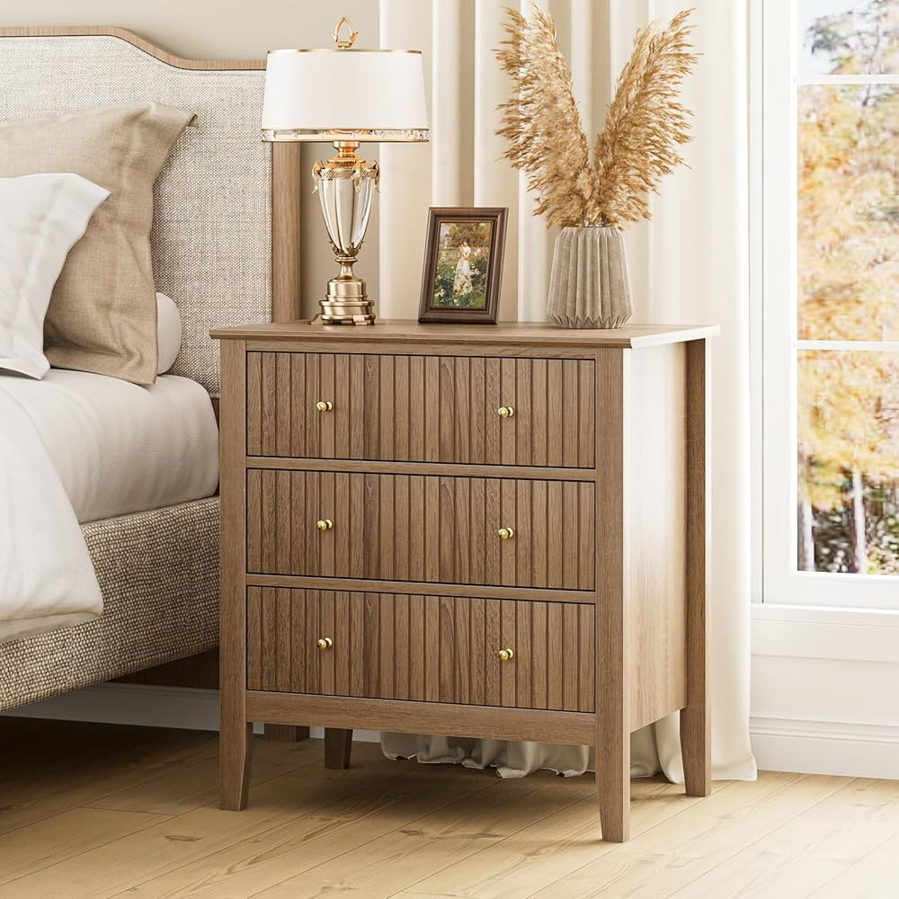 Apetaccat Night Stand, Fluted Wide Farmhouse Nightstand with 3 Drawer, Modern Wooden Bedside End ... | Amazon (CA)