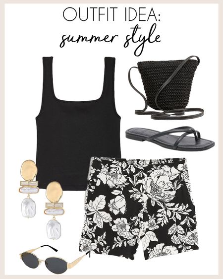 Black and white summer outfit idea! 

#summerstyle

Summer outfit idea. Elevated casual outfit idea. Black and white floral shorts. Black basic tank top. Black straw crossbody bag. Gold pearl statement earrings. Black strappy side sandals. Amazon designer inspired sunglasses  

#LTKFindsUnder100 #LTKSeasonal #LTKStyleTip