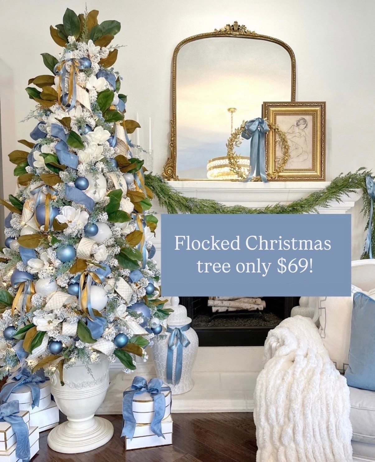 Flocked Christmas tree only $69! Added magnolia stems and some dusty blue ribbon for a pop of color

#LTKHome #LTKdayinmylife #LTKSeasonal