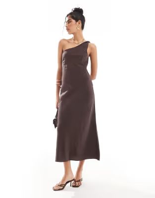 & Other Stories one shoulder linen mix midi dress with twisted strap detail in dark brown | ASOS (Global)