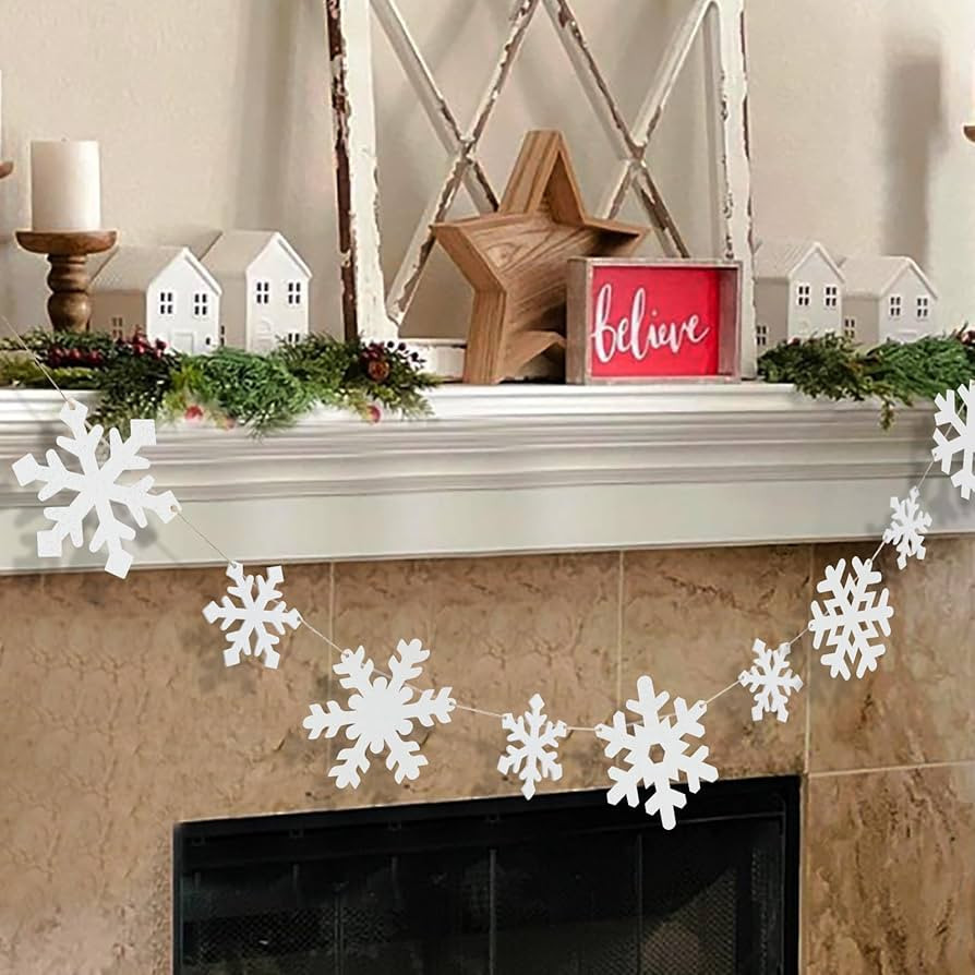 Christmas Decorations-Wooden Small & Big Snowflake Banner for Christmas Decor-Winter White Snowfl... | Amazon (US)