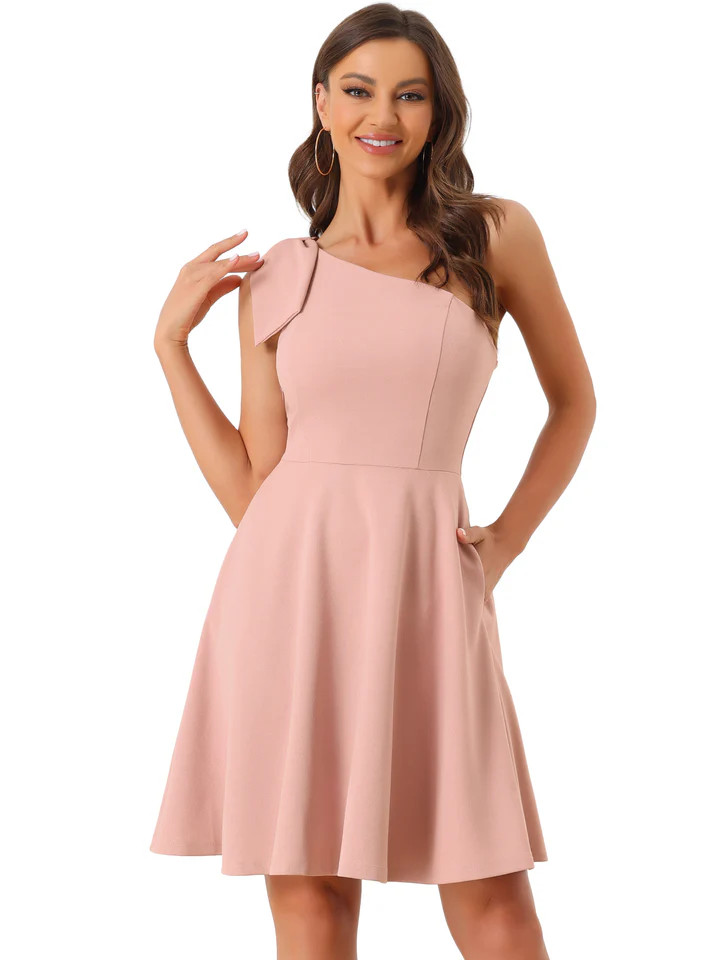 Bow One Shoulder Sleeveless Pockets A-Line Midi Dress | allegra-k