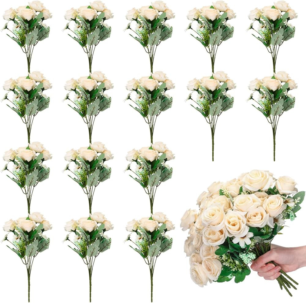 16 Pack Flower Bouquets Fake Roses Artificial Silk Flowers Bulk for Vase Vintage Wedding Home Dec... | Amazon (US)