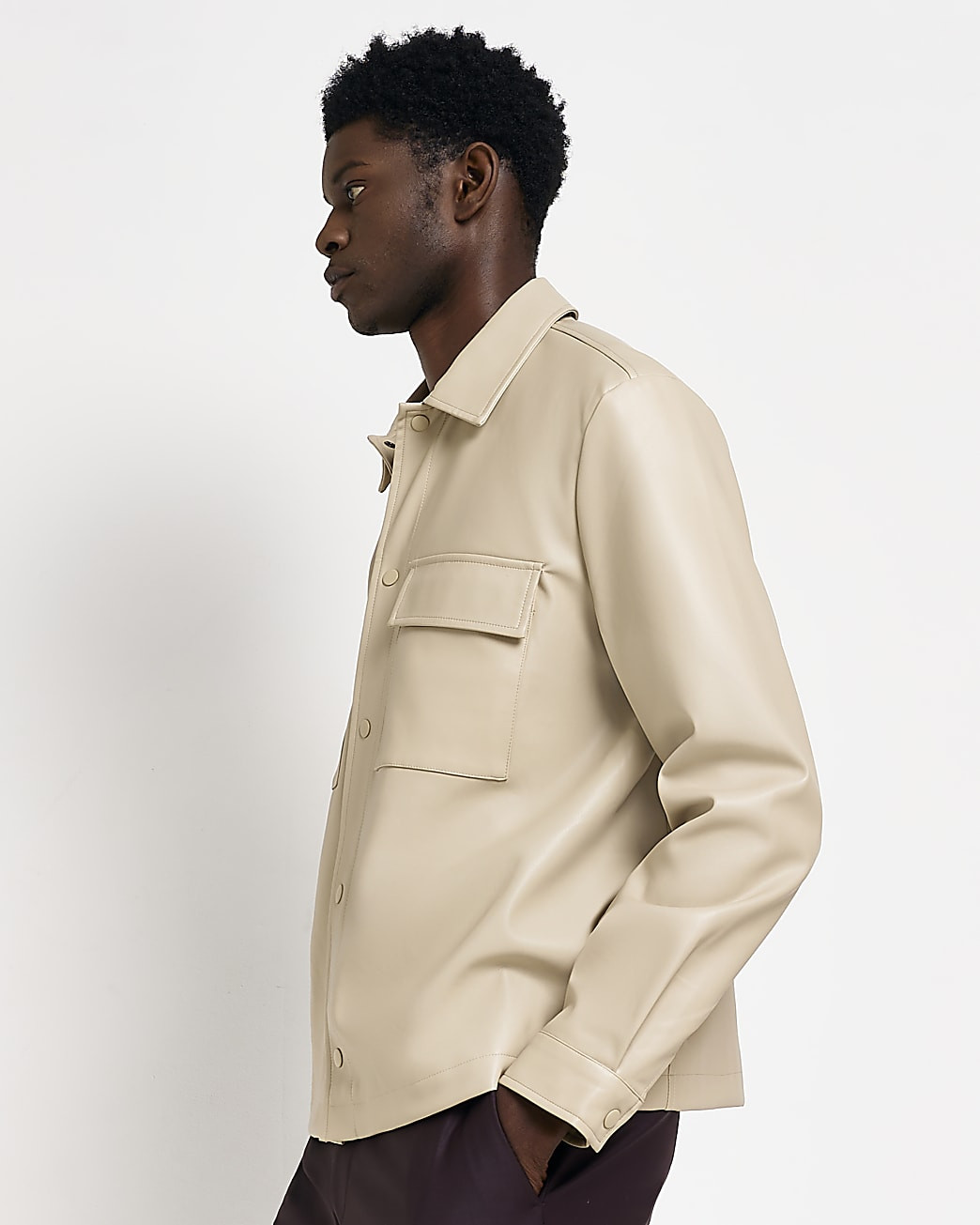 River Island Mens Stone Regular fit faux leather shacket | River Island (US)