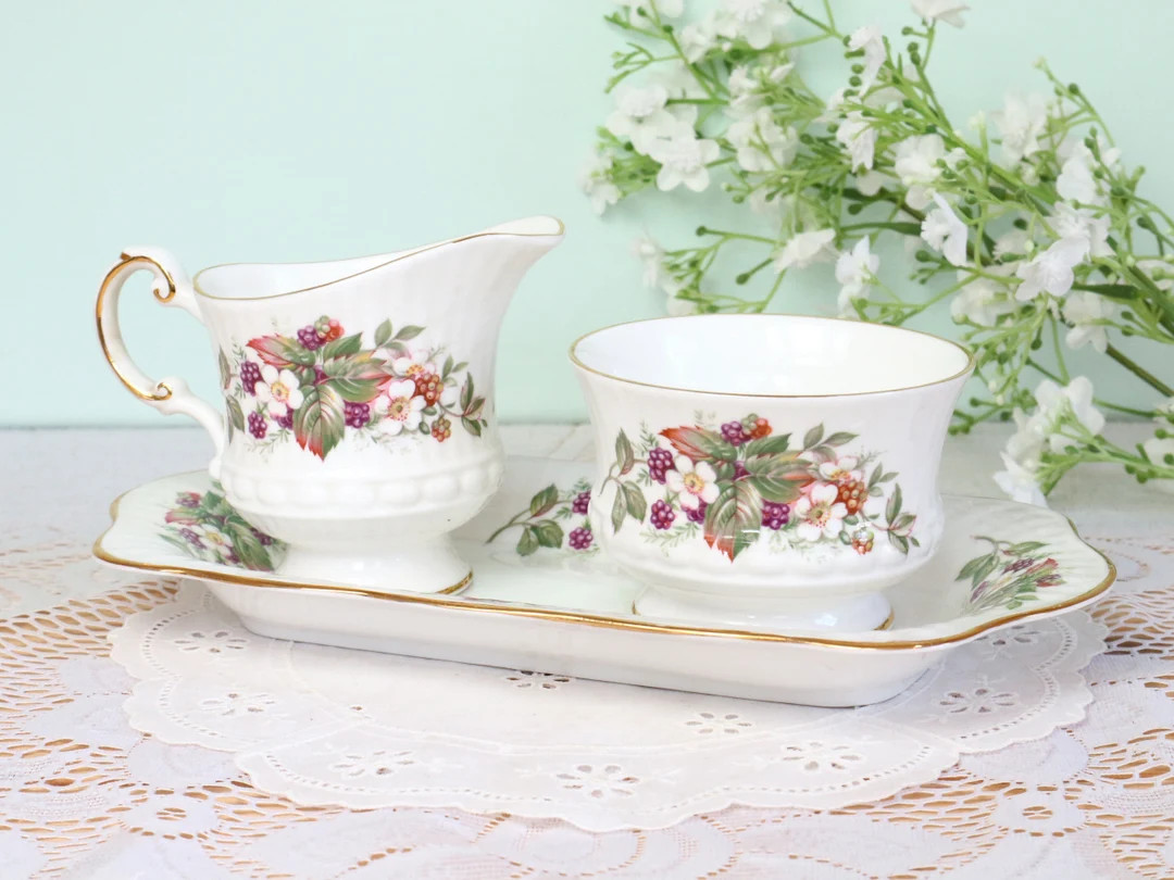 Vintage Queen's cream and sugar set. Milk jug, sugar bowl and tray, Series Wild flowers. | Etsy (US)