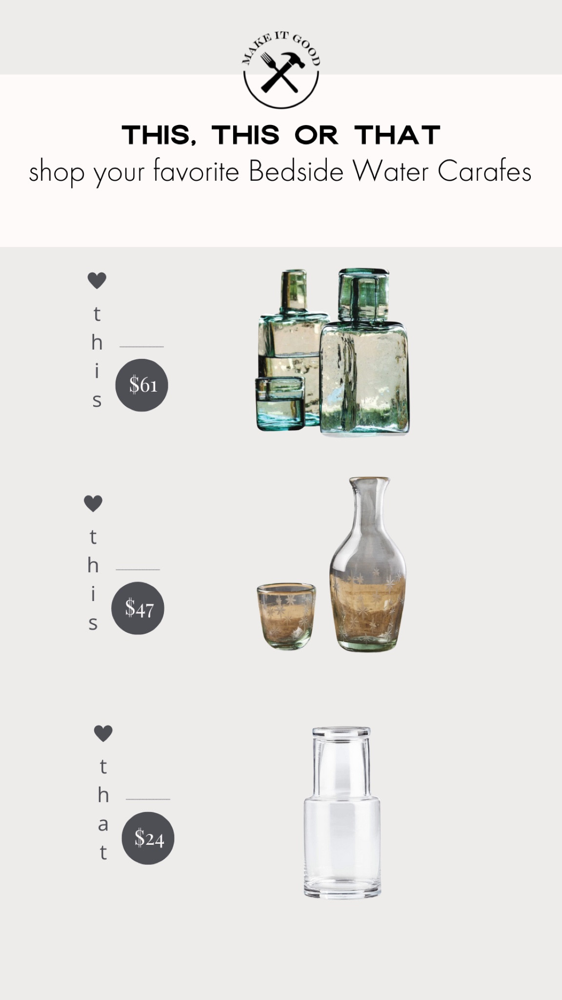 Bedside water carafes at 3 price points, so no matter your budget you can have water ready for you at all hours of the night! 

#LTKHome #LTKStyleTip #LTKFindsUnder100