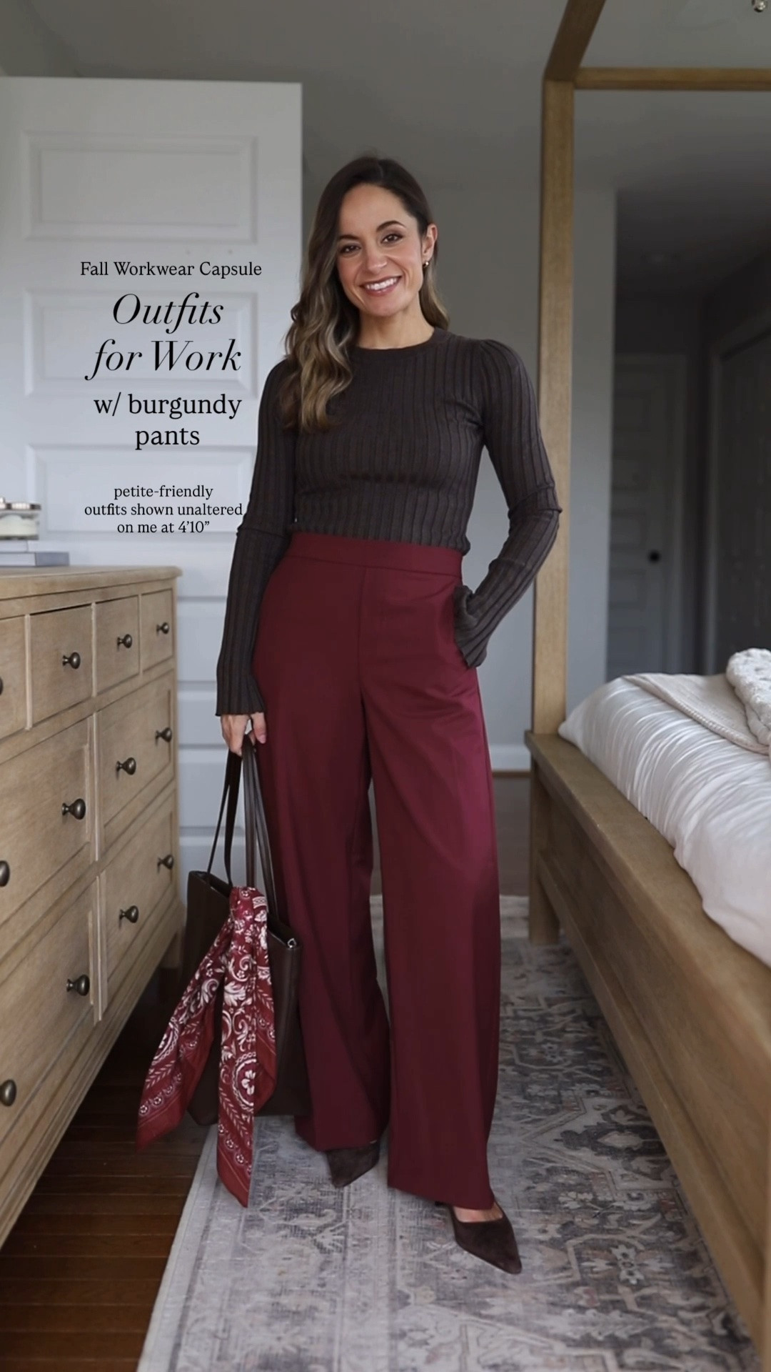 The 2026 Fall Workwear Capsule Wardrobe for petites! Nine outfits with burgundy wide leg pants. 

Burgundy Wide Leg Pants (BR Factory): petite 00 / 10” rise / 28.5” inseam - true to size, elastic waist in the back 

Orange Cardigan (Quince): xs 
Navy Sweater T-Shirt (Quince): xs 
Ivory Draped Top (Quince): xs 
Brown Ribbed Top (Quince): xs 
Wrap Cardigan (Aritzia): xs
White Button Down (J.Crew): petite 00 
Burgundy Short Sleeve Top (BR Factory): xxs 
Striped Button Down (Ann Taylor): xxs 
Brown Wide Leg Pants (BR Factory): petite 00 (doubleweave is sold out in brown, linking in black, similar option in the Hayden Pants)
Wide Leg Jeans (J.Crew Factory): petite 24 
Navy Slim Pants (Ann Taylor): petite 00 (I’m wearing curvy, but linked both fits)
Olive Cropped Flare Pants (J.Crew): petite 0 
Tan Blazer (J.Crew): petite 00 
Navy Blazer (J.Crew): petite 00 
Trench Coat (J.Crew): petite 00 

For size comparison, I’m 4’10” 105lbs. My measurements are 32”, 24”, 36”. I typically wear petite xxs/00/24 and have a 25” ankle inseam and a 27.5-28” full length inseam.

#LTKPetite #LTKWorkwear