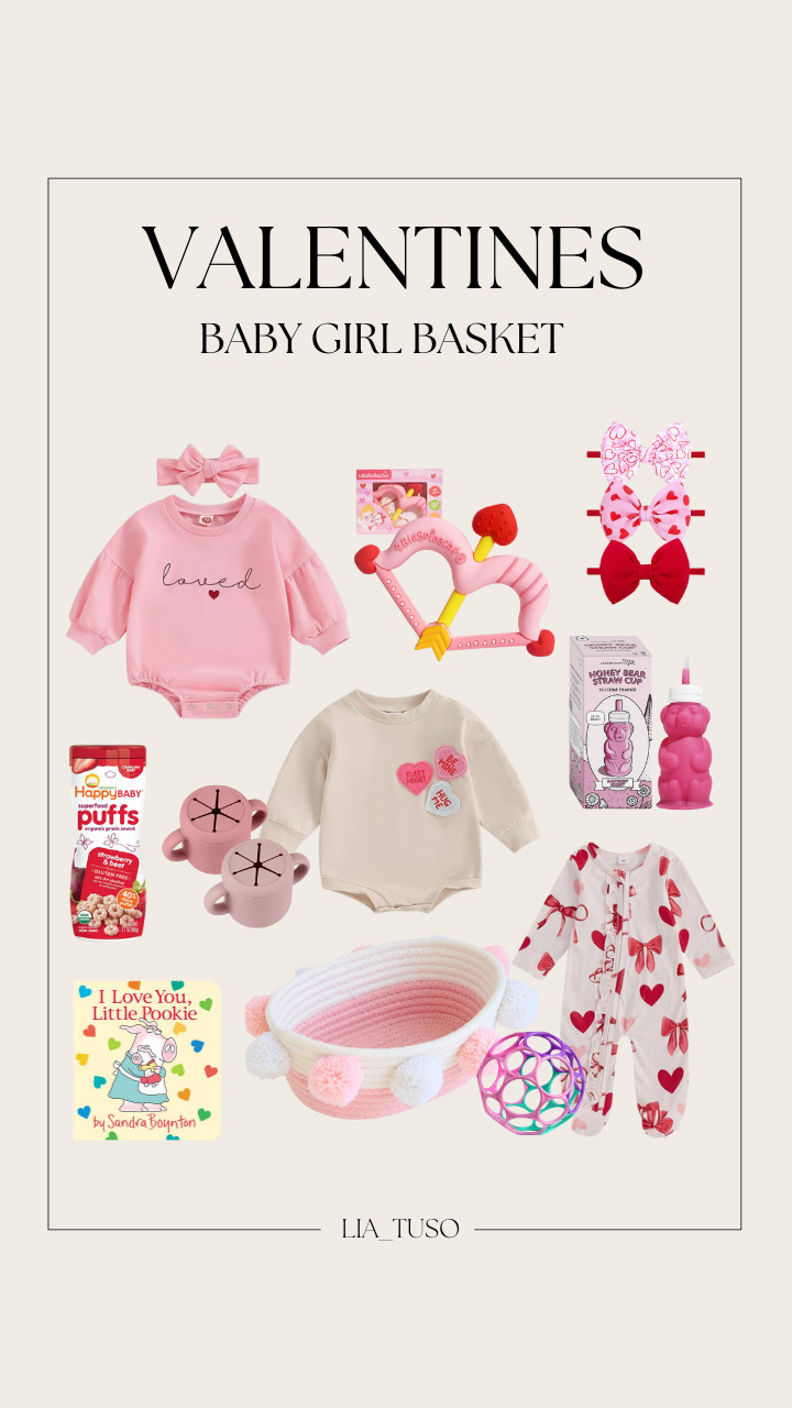 Valentines Baby Girl Basket | Baby Boy Girl Bubble Romper, Teethers Heart Shape Silicone Baby Teether Toy, I Love You, Little Pookie, Happy Baby Organic Superfood Puffs, Ryan & Rose Cutie PAT Pacifier Teether, Snack Containers, Silicone Snack Cups,Legendairy Milk Honey Bear Straw Cup Silicone for Babies,Infant Toy, Small Pink Basket with Pom Pom, Valentines Baby Girl Outfit Bowknot Heart, Infant Valentines Baby Girl Outfit, Valentines Bows for Baby Girls #ValentinesGiftIdeas 

#ValentinesBasket #ValentinesBabyGirlBasket #LTKGiftGuide 

 #LTKSeasonal #LTKBaby
