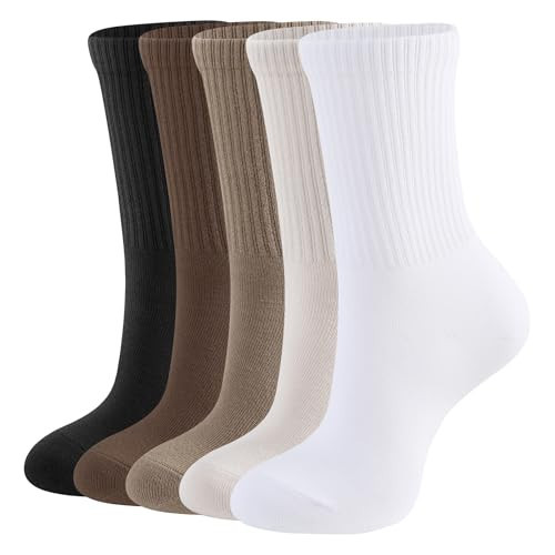 CLOSEMATE Womens Crew Socks Cotton Calf Dress Socks Lightweight Comfy Long Socks 5 Pairs(1Black1White1Beige1Khaki1DarkCoffee, Size S) | Amazon (US)