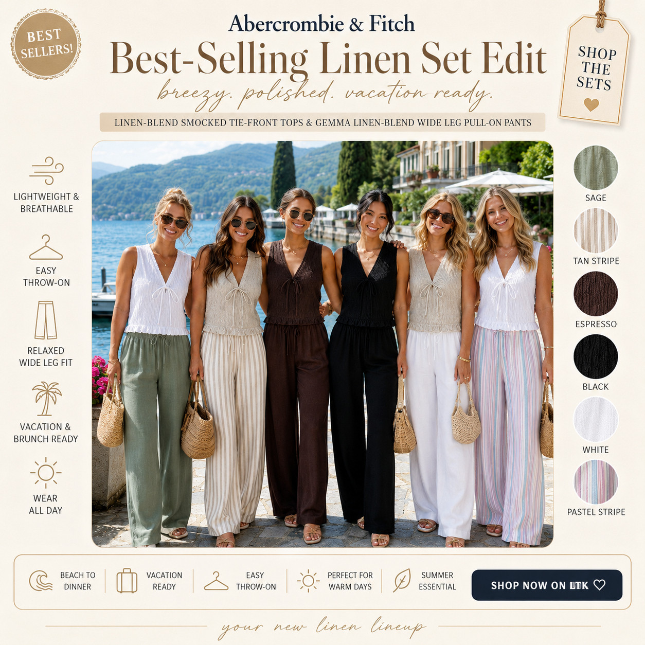 @abercrombie & Fitch Summer Chic | Linen-Blend Smocked Tie-Front Tops & Gemma Linen-Blend Wide Leg Pull-On Pants

The linen set everyone reaches for when they want to look polished with almost zero effort!!

These best-selling Abercrombie linen-blend sets are exactly why “easy summer outfit” hits so hard. 

The smocked tie-front tops feel feminine and flattering, while the Gemma wide-leg pull-on pants give that breezy, expensive-looking vacation fit without being uncomfortable.

They’re lightweight, breathable, and made for warm-weather plans — brunch, beach-to-dinner outfits, lake weekends, resort trips, summer travel, errands, and any day you want to look put together fast.

I love that they work as full matching sets, but you can also mix the tops and pants with tanks, sandals, woven bags, button-downs, or simple gold jewelry for a completely different look.

This is the kind of set that makes packing easier and outfits look intentional. 

If you’ve been wanting an Abercrombie linen set that feels chic, wearable, and worth grabbing before the best colors move, this edit is it.

📌 SAVE this for your next vacation outfit, summer linen set, or easy warm-weather look.

↓ Everything is linked!

#LTKxAbercrombie #LTKSaleAlert #LTKTravel