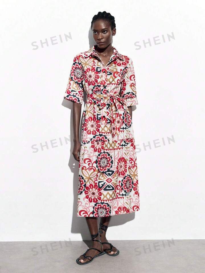 SHEIN Maija Summer Holiday Flower Print Short Sleeve Dress | SHEIN