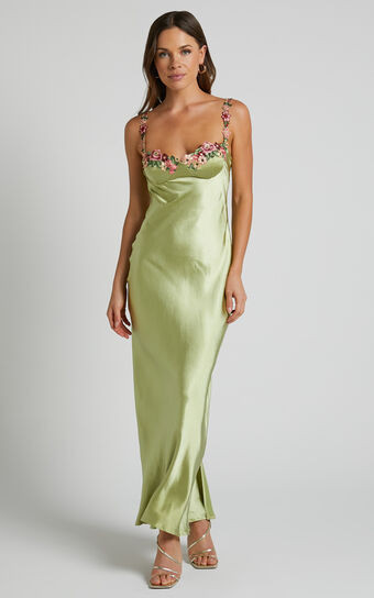 Harmony Midi Dress - Floral Detail Cup Bust Satin Dress in Citrus | Showpo (US, UK & Europe)