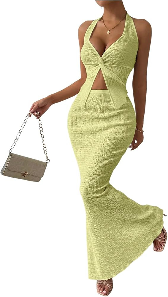 SOLY HUX Women's Two Piece Outfits Twist Front Halter Cami Tops and Skirt Summer Set | Amazon (US)