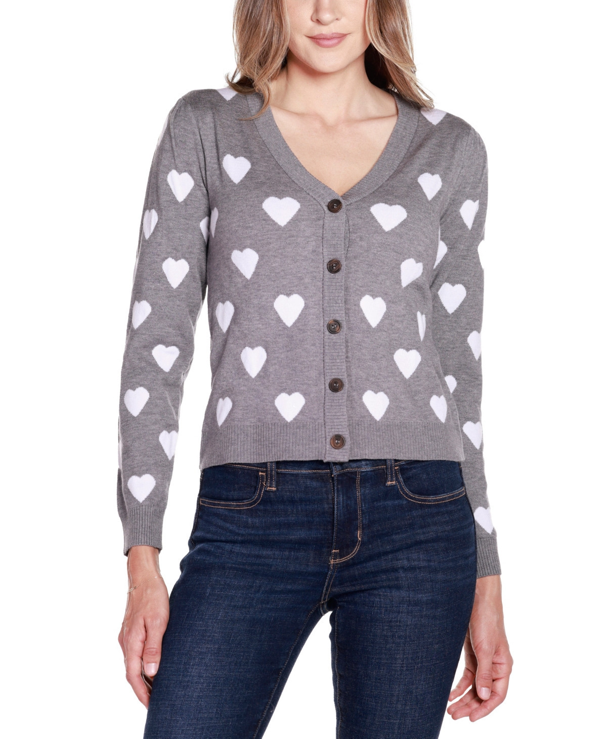 Belldini Women's Hearts Jacquard Cardigan Sweater - Heather Grey Combo | Macy's