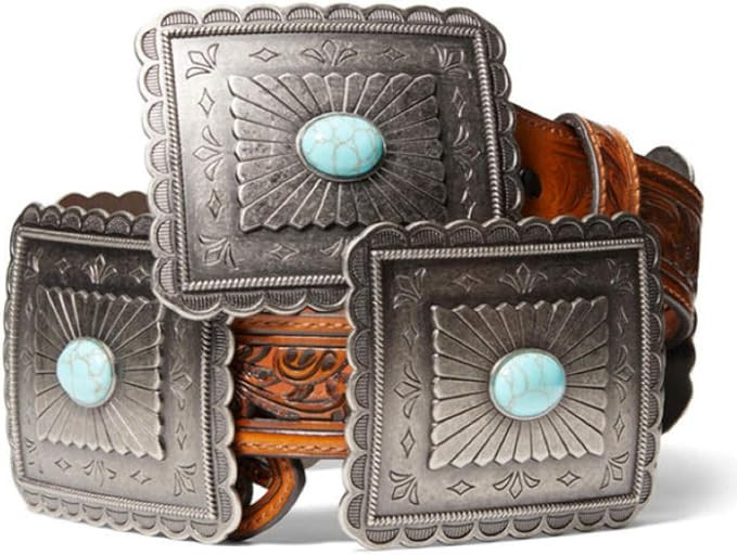 M&F Western Ariat Women's Turquoise Concho Belt, Tan, Pierced Strap with Large Rectangle Conchos | Amazon (US)