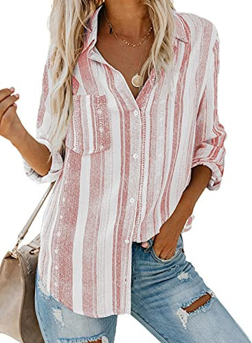 Astylish Women Summer Long Sleeve Collared Button Down Striped Shirt Tops Pink Medium | Amazon (US)