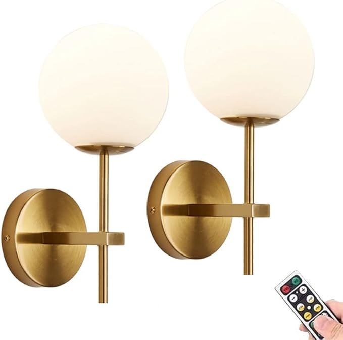 KEFA 2 Pack Battery Operated Wall Sconces/Wall Lights, None Hardwired Brass Gold -White Glass Glo... | Amazon (US)