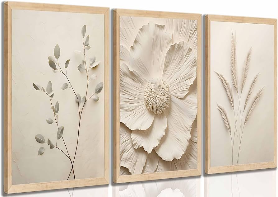 3Pcs Neutral Beige Floral Plant Canvas Wall art Textured Flower Botanical Painting Picture Wall D... | Amazon (US)