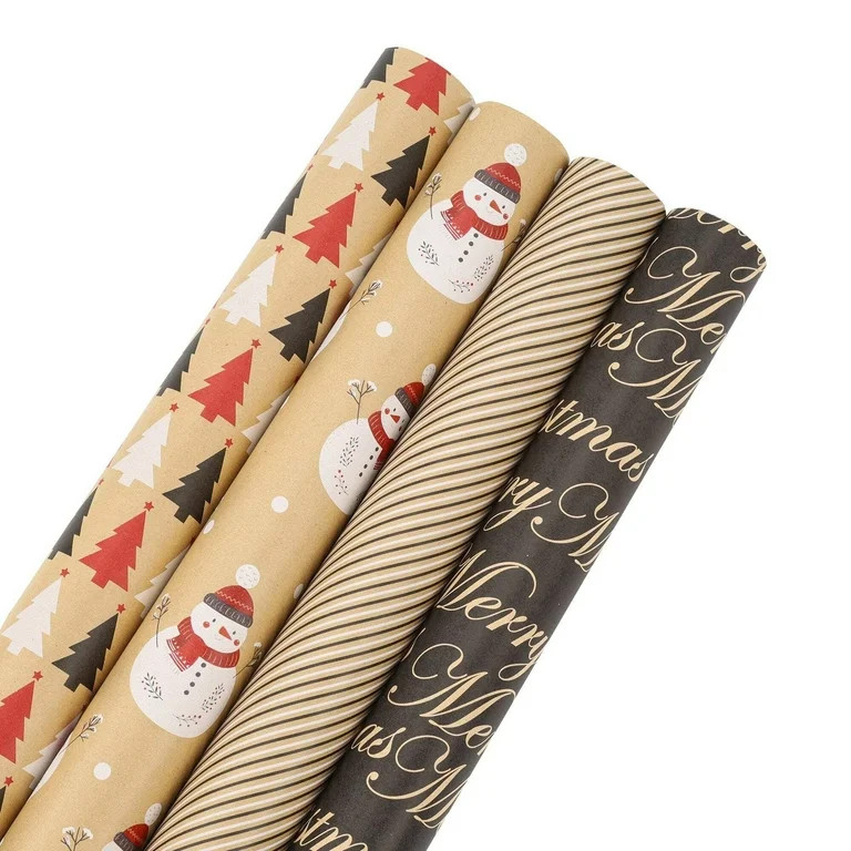LaRibbons 30" x 10' Christmas Wrapping Paper Bundle (4-pack), Black and Red Kraft with Snowman an... | Walmart (US)