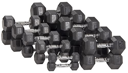 Signature Fitness Rubber Encased Hex Dumbbell, Set Including 5, 10, 15, 20, 25, 30, 35, 40, 45, 50LB Pairs | Amazon (US)