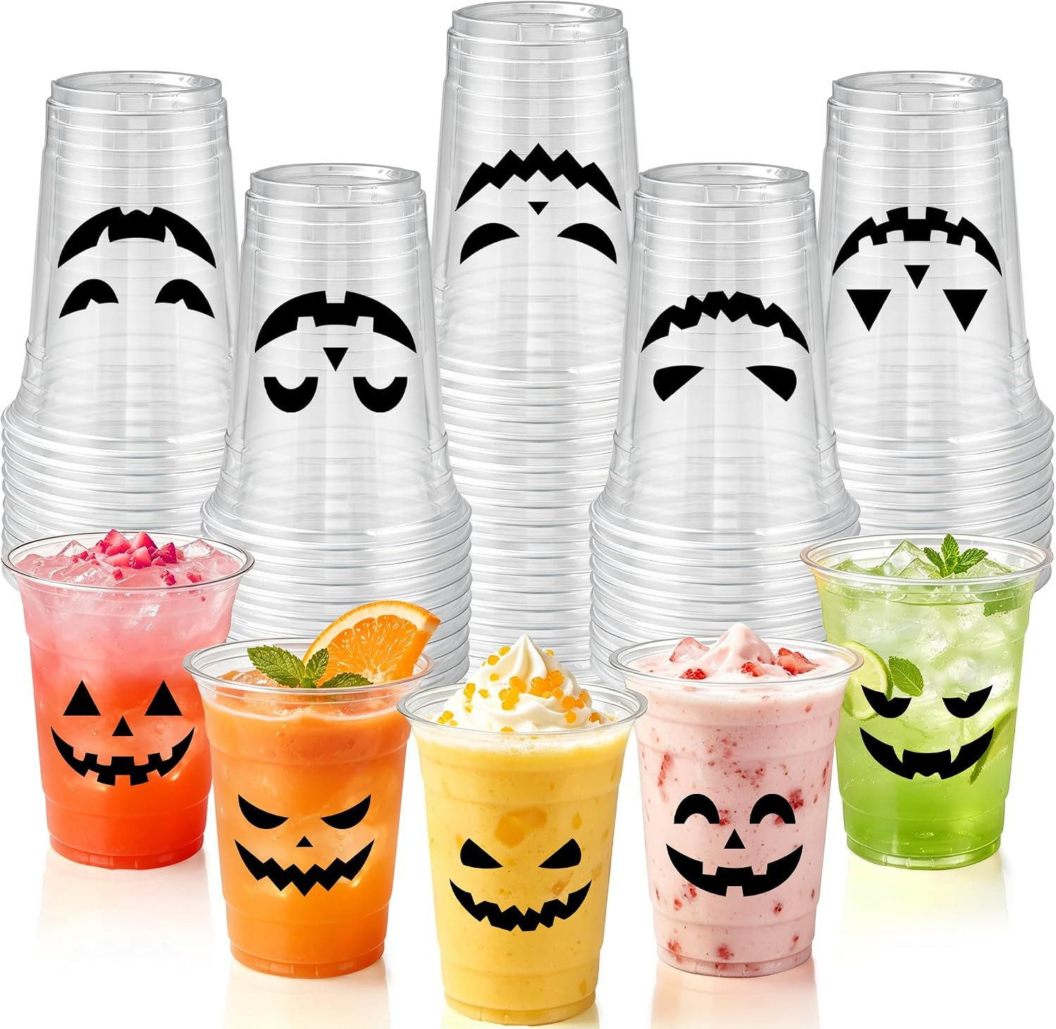 50 PCS Halloween Plastic Cups 16oz Black Pumpkin Face Disposable Clear Cups 5 Styles Spooky Theme Cold Beverage Drinking Cups for Cold Beverage Drinks Halloween Trick or Treat Birthday Party Supplies | Amazon (US)