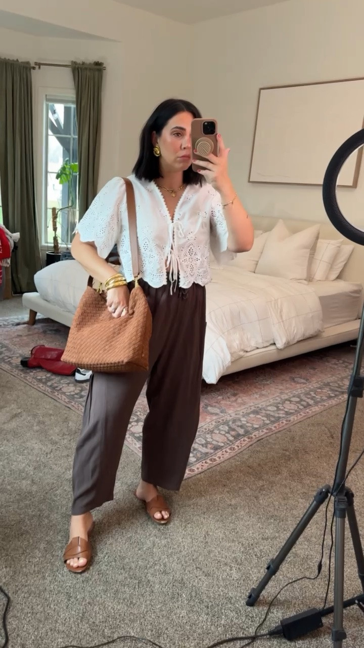 Comfy casual spring outfit featuring my all time favorite flowy linen pants! Loving this top with the eyelet details 

Size M pants, L top (could do M)

#LTKootd #LTKMidsize #LTKSeasonal