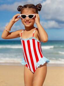 SHEIN Young Girl's Color Block Striped Ruffle One-Piece Swimsuit | SHEIN