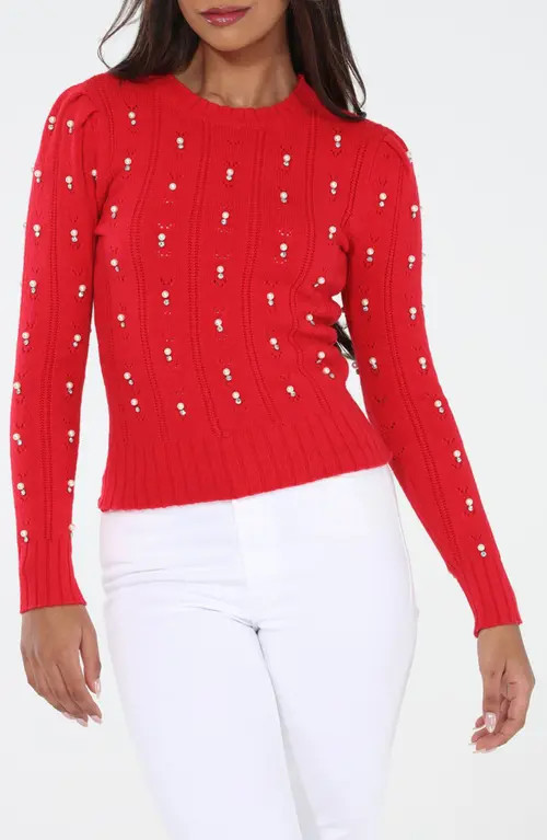 RAIN AND ROSE Faux Pearl Cotton Blend Pointelle Sweater in Red at Nordstrom, Size Small | Nordstrom