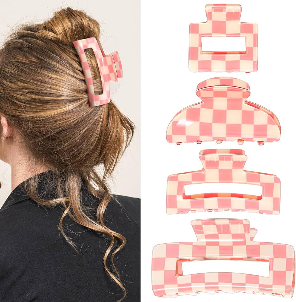 4Pcs Checkered Hair Claw Clips, Non-Slip Hair Jaw Clips for Thick, Thin, Curly, Straight, Long Ha... | Amazon (US)