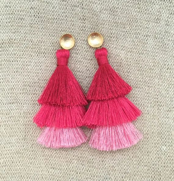 Grace Drop Earrings, Pink Ombre Tassel Earrings, Triple Tassel Statement Earrings Brushed Gold Conne | Etsy (CAD)
