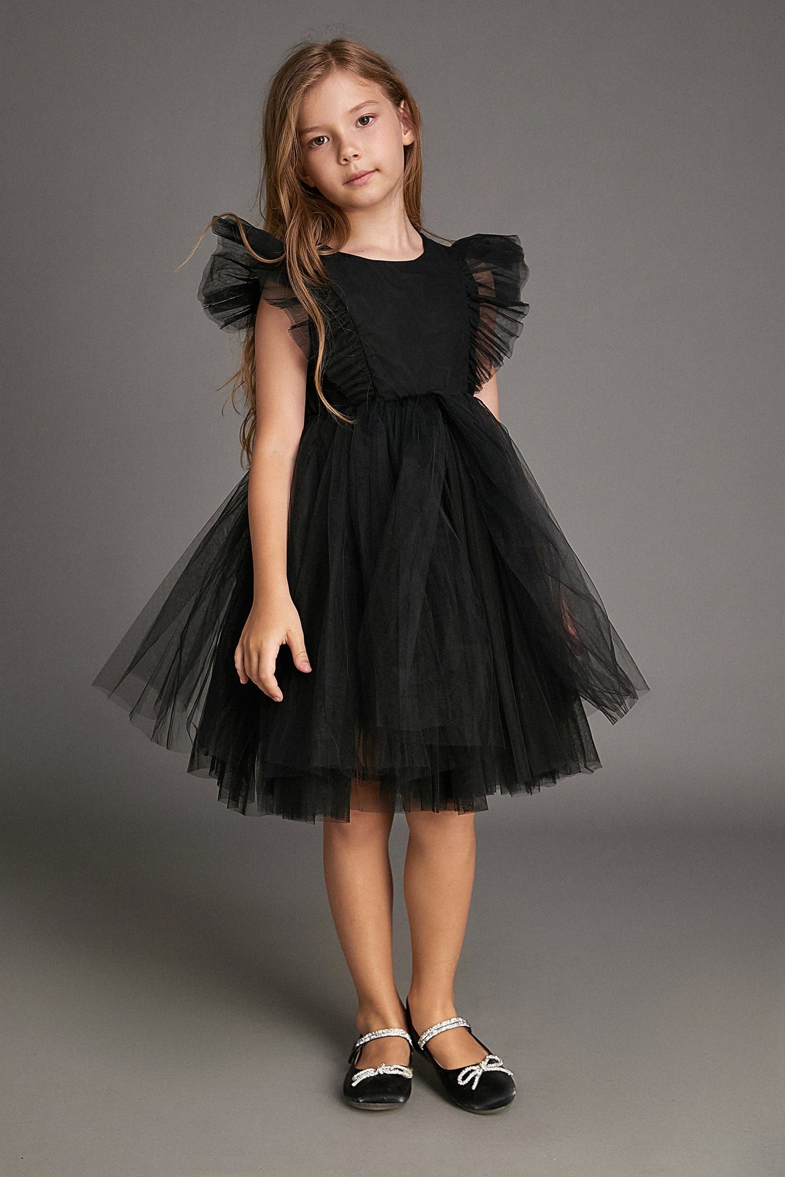 Kids Girls Black Ruffled Button Back Tulle Party Dress | J.ING