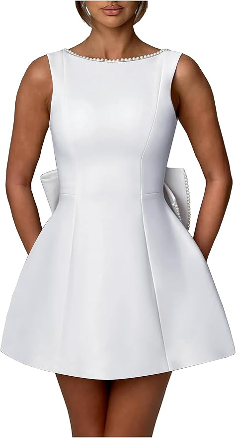 Sevintage Satin Pearl Homecoming Dress with Bow Short Modest Mini Cocktail Dresses for Wedding | Amazon (US)