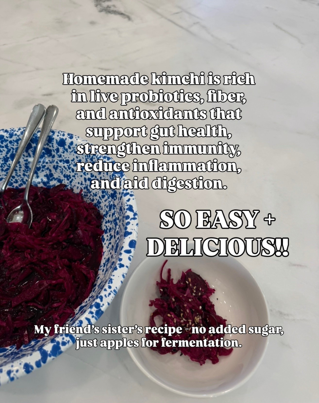 Kimchi Recipe: 

Ingredients (organic)
Thinly sliced, added to stainless steel bowl and generously salted and stirred. Set aside.
3 beets
1 head green cabbage
3 Persian cucumbers 
1 bunch dill
1 thinly sliced red onion

For the sauce:
Add all below to blender and blend until a pulp
1in peeled ginger 
4 garlic cloves 
3 chopped Serrano peppers 
2 honey crisp apples cored 
Water to blend (maybe 2 cups)
3 TBS Fish sauce

Poor sauce mixture over sliced veggies and mix. Cover with plastic wrap and let sit overnight on the counter. Add to glass jars in the morning make sure liquid covers the vegetables and is filled to the top of the jars. Place on a cookie sheet (in case of overflowing). Burp jars (remove lid) in the morning and evening. Keep on the counter for three days or until the veggies taste fermented to your liking. Put the jars in the fridge after fermenting is complete!

#LTKfoodie