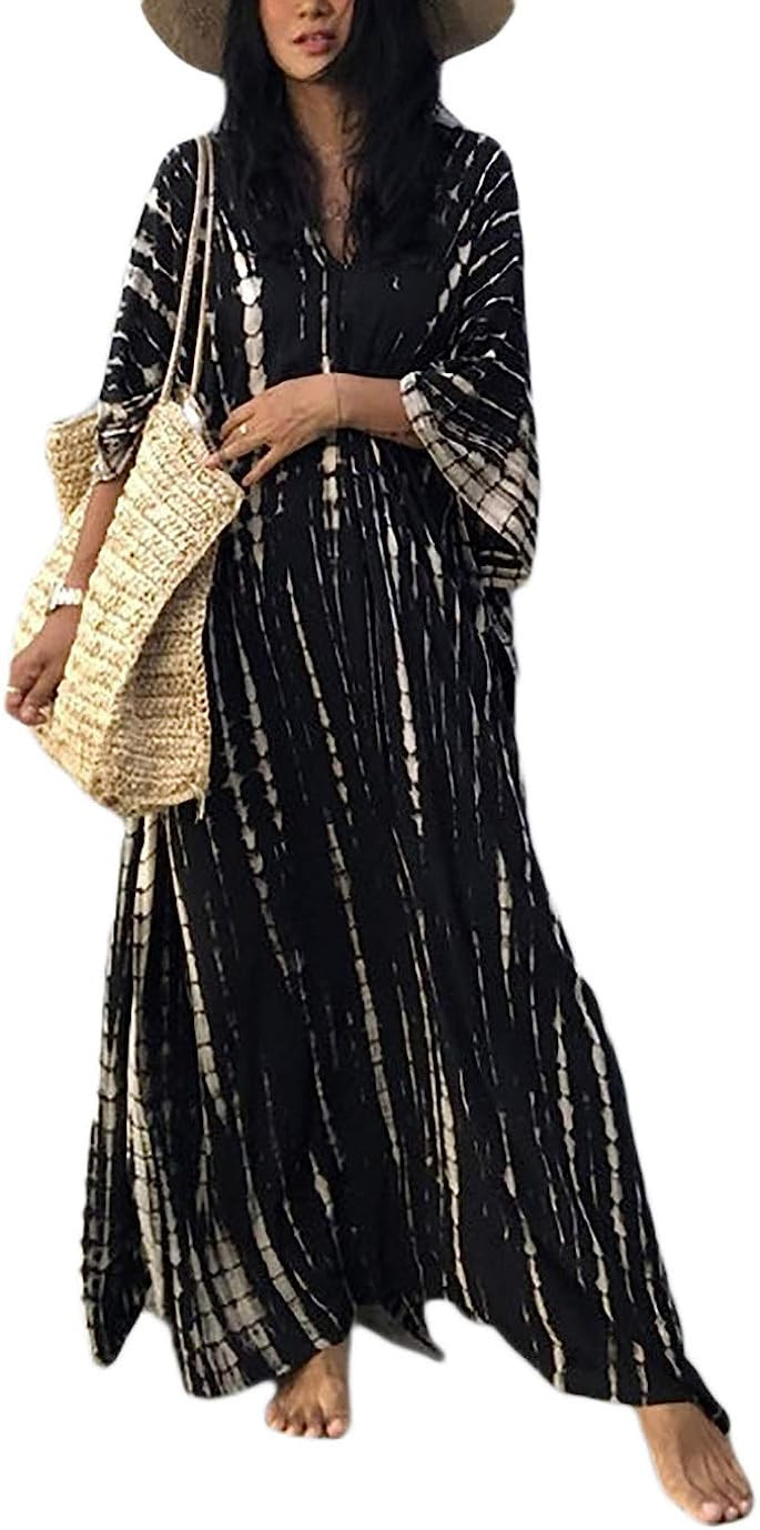 Eddoyee Plus Size Beach Kaftan Dresses for Women Print V-Neck Long Swimsuit Cover Ups | Amazon (US)