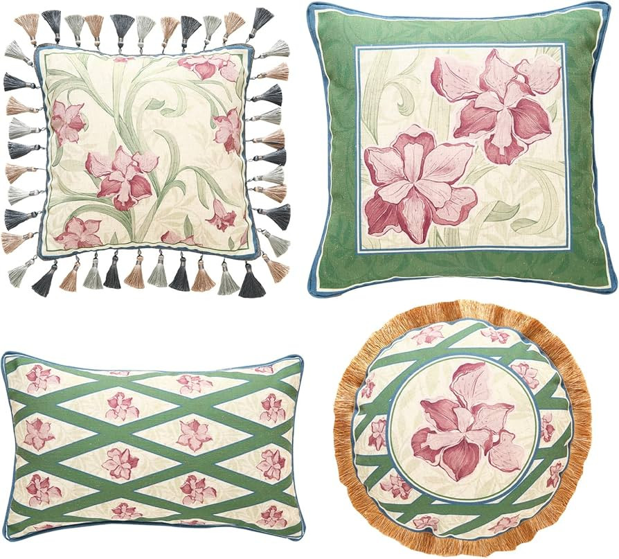 patdrea Designer Throw Pillow Covers Set of 4,French Elegant Green Linen with Iris Floral Collect... | Amazon (US)