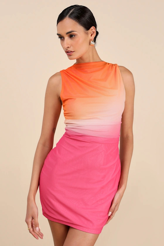 Jasmijn Pink and Orange Ombre Mesh Sleeveless Mini Dress | Lulus