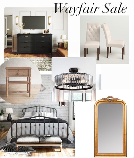 Wayfair sale. Bedroom sale wrought iron bed. Gold vintage antique mirror. Fandelier sale chandelier fan. Dresser nightstand. Tufted upholstered chairs. Budget friendly. For any and all budgets. mid century, organic modern, traditional home decor, accessories and furniture. Natural and neutral wood nature inspired. Coastal home. California Casual home. Amazon Farmhouse style budget decor #bedroomfurniture #salefurniture 

#LTKSeasonal #LTKsalealert #LTKhome