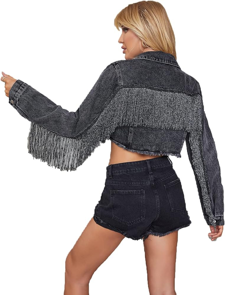 YILANUOYI Women’s Crop Denim Jacket Tassel Casual Jean Coat With Fringe | Amazon (US)