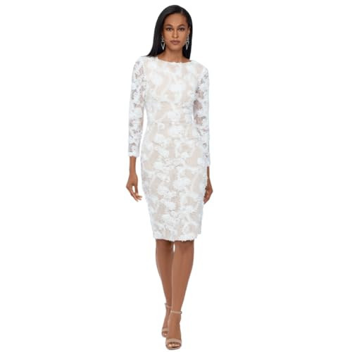 Xscape Women's Long Sleeve Raised Floral Lace Midi Length Dress (Reg and Petite), Ivory, 12 | Amazon (US)