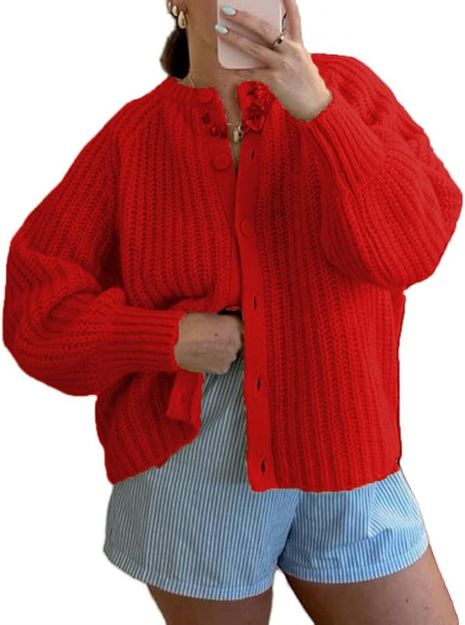Women Button Down Cardigan Sweater Long Sleeve Chunky Cardigan Top Casual Knit Jacket Fall Winter... | Amazon (US)
