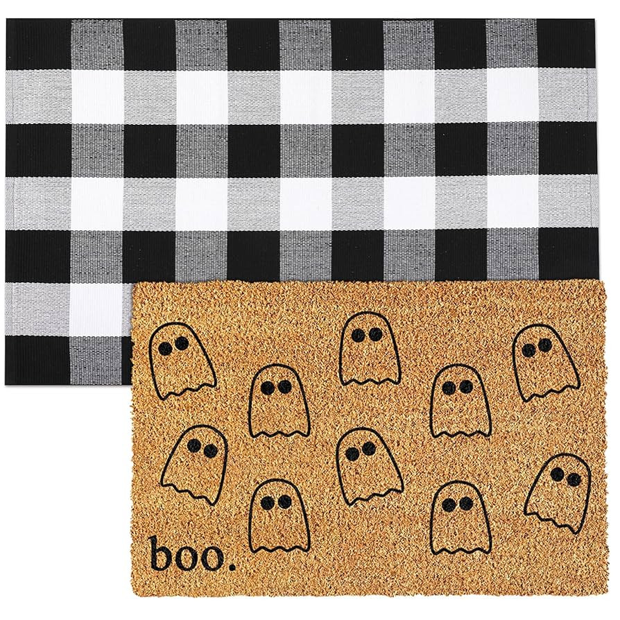 Duraaamo 2 Pcs Halloween Coir Doormat Outdoor Boo Ghost Welcome Mat Layered Buffalo Plaid Black a... | Amazon (US)