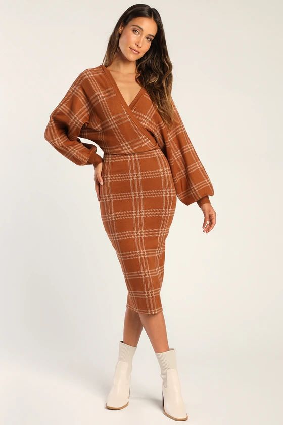 Plaid Your Love Brown Dolman Sleeve Bodycon Midi Sweater Dress | Lulus (US)