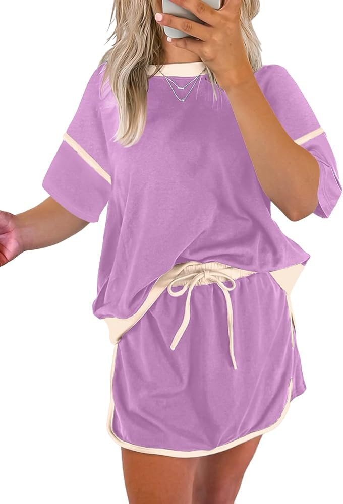 EVALESS Women's 2 Piece Sets Summer Casual Short Sleeve Tops Matching Drawstring Mini Skirt Going... | Amazon (US)
